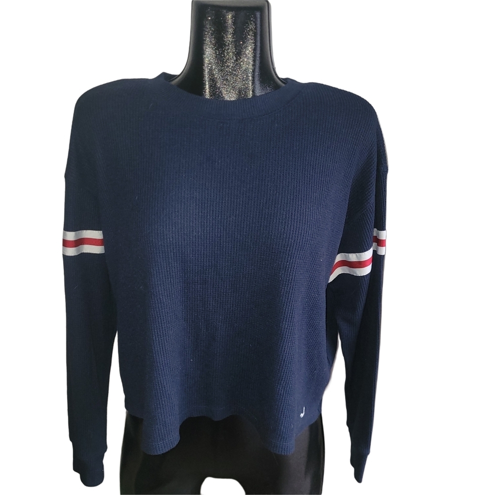 Hollister Navy Blue Cropped Waffle Knit Top With Striped Sleeves Size S